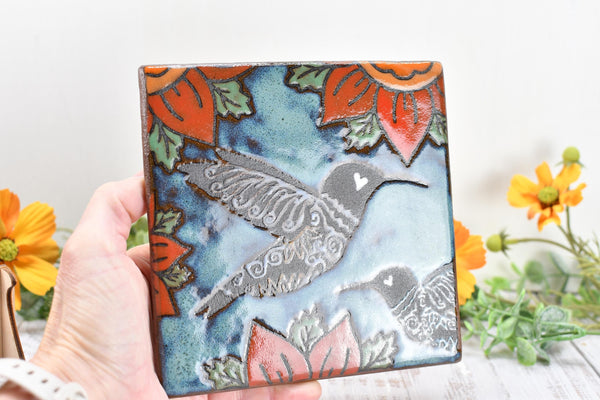 Hummingbird Ceramic Trivet Spoon Rest, Handmade Stoneware Pottery Gift in Blue, Orange, and Black