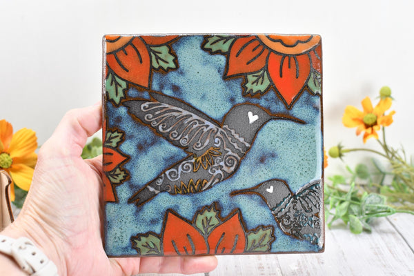 Hummingbird Ceramic Trivet Spoon Rest, Handmade Stoneware Pottery Gift in Blue, Orange, and Black
