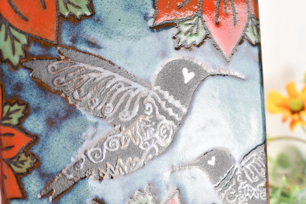 Hummingbird Ceramic Trivet Spoon Rest, Handmade Stoneware Pottery Gift in Blue, Orange, and Black