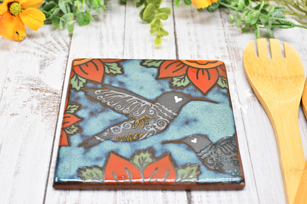 Hummingbird Ceramic Trivet Spoon Rest, Handmade Stoneware Pottery Gift in Blue, Orange, and Black