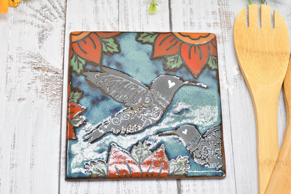 Hummingbird Ceramic Trivet Spoon Rest, Handmade Stoneware Pottery Gift in Blue, Orange, and Black