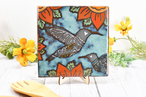 Hummingbird Ceramic Trivet Spoon Rest, Handmade Stoneware Pottery Gift in Blue, Orange, and Black