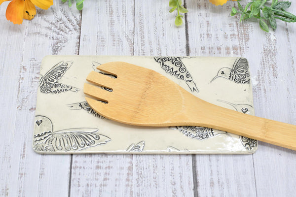 Hummingbird Ceramic Flat Spoon Rest, Handmade Stoneware Pottery Gift in Black and White