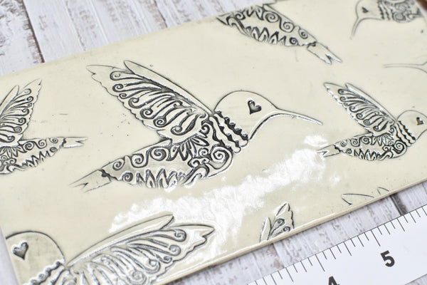 Hummingbird Ceramic Flat Spoon Rest, Handmade Stoneware Pottery Gift in Black and White