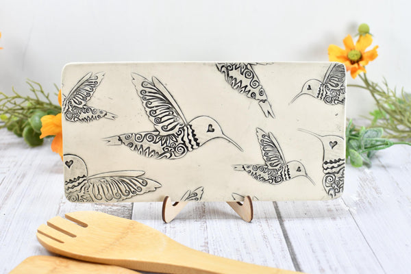 Hummingbird Ceramic Flat Spoon Rest, Handmade Stoneware Pottery Gift in Black and White