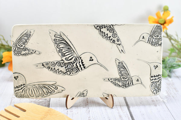 Hummingbird Ceramic Flat Spoon Rest, Handmade Stoneware Pottery Gift in Black and White