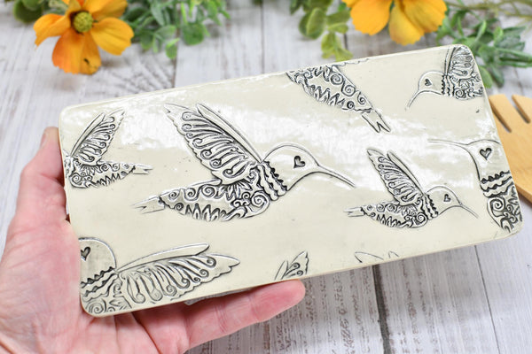 Hummingbird Ceramic Flat Spoon Rest, Handmade Stoneware Pottery Gift in Black and White