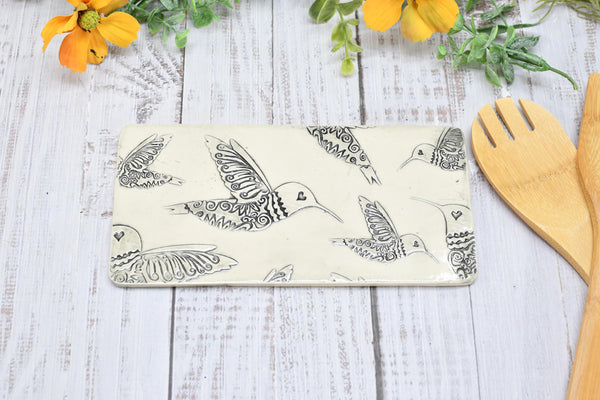 Hummingbird Ceramic Flat Spoon Rest, Handmade Stoneware Pottery Gift in Black and White