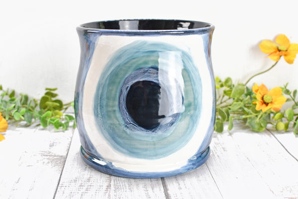 Ceramic Utensil Holder Crock Evil Eye, Pottery Seconds Sale, Kitchen Counter, Hand Painted Stoneware Organizer Turkish Blue White Handmade