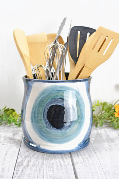 Ceramic Utensil Holder Crock Evil Eye, Pottery Seconds Sale, Kitchen Counter, Hand Painted Stoneware Organizer Turkish Blue White Handmade