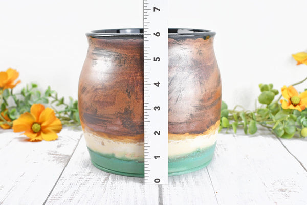 Ceramic Utensil Holder Crock for Kitchen Countertop, Copper Pottery Organizer in Turquoise Green and Cream, or Flower Pot Housewarming Gift