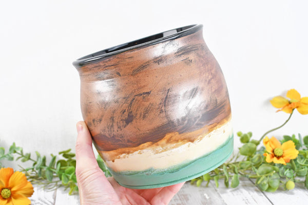 Ceramic Utensil Holder Crock for Kitchen Countertop, Copper Pottery Organizer in Turquoise Green and Cream, or Flower Pot Housewarming Gift