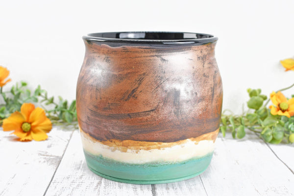 Ceramic Utensil Holder Crock for Kitchen Countertop, Copper Pottery Organizer in Turquoise Green and Cream, or Flower Pot Housewarming Gift
