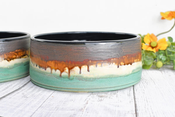 Ceramic Dog Food or Water Bowl in Bronze, Verdigris Green and Black - Handmade Stoneware Pottery Wheel Thrown Medium to Large Size Pet Dish