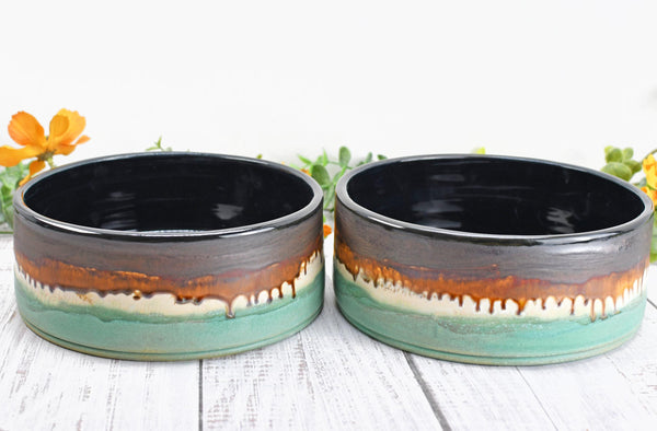 Ceramic Dog Food or Water Bowl in Bronze, Verdigris Green and Black - Handmade Stoneware Pottery Wheel Thrown Medium to Large Size Pet Dish