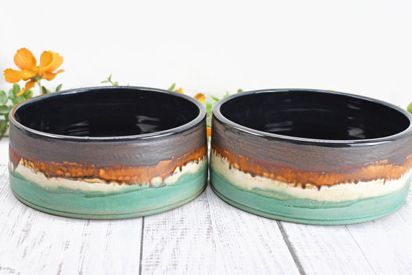 Ceramic Dog Food or Water Bowl in Bronze, Verdigris Green and Black - Handmade Stoneware Pottery Wheel Thrown Medium to Large Size Pet Dish
