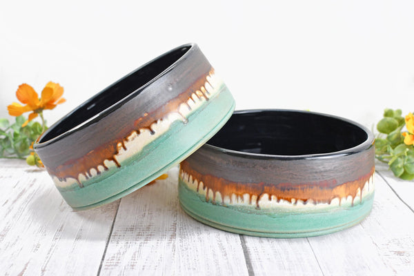 Ceramic Dog Food or Water Bowl in Bronze, Verdigris Green and Black - Handmade Stoneware Pottery Wheel Thrown Medium to Large Size Pet Dish