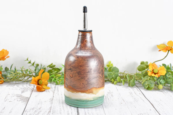 Ceramic Olive Oil Dispenser, Handmade Pottery Liquid Soap Bottle, Stoneware, Copper, Turquoise Green, Tan for Bathroom and Kitchen Decor