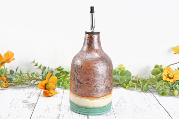 Ceramic Olive Oil Dispenser, Handmade Pottery Liquid Soap Bottle, Stoneware, Copper, Turquoise Green, Tan for Bathroom and Kitchen Decor