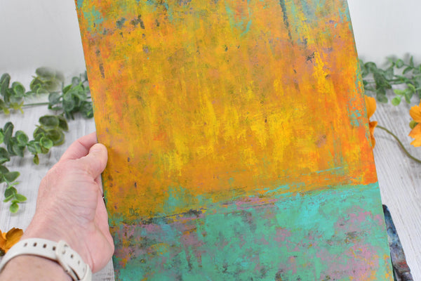 Abstract Painting, Original Mixed Media Yellow and Turquoise Wall Art on Paper