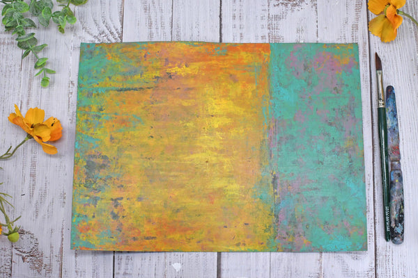 Abstract Painting, Original Mixed Media Yellow and Turquoise Wall Art on Paper