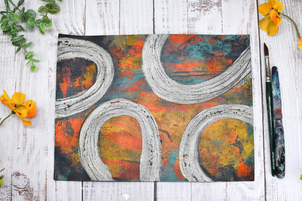 Abstract Painting, Original Mixed Media Orange and Gray Wall Art on Paper