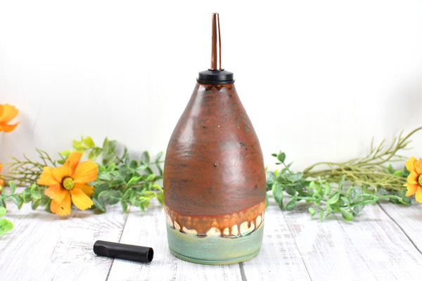 Handmade Ceramic Olive Oil Dispenser Bottle, Kitchen Bath Decor, Bronze Rust Turquoise Glaze