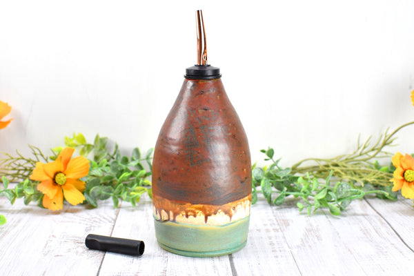 Handmade Ceramic Olive Oil Dispenser Bottle, Kitchen Bath Decor, Bronze Rust Turquoise Glaze