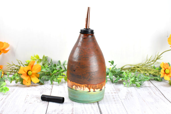 Handmade Ceramic Olive Oil Dispenser Bottle, Kitchen Bath Decor, Bronze Rust Turquoise Glaze