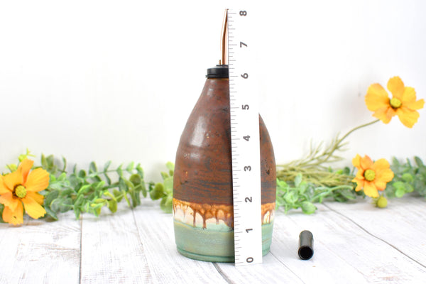 Handmade Ceramic Olive Oil Dispenser Bottle, Kitchen Bath Decor, Bronze Rust Turquoise Glaze