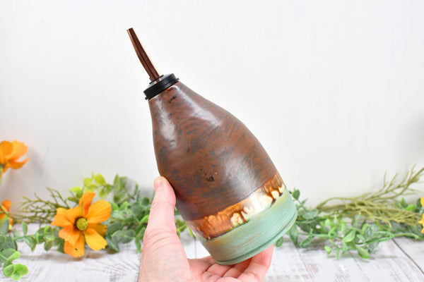 Handmade Ceramic Olive Oil Dispenser Bottle, Kitchen Bath Decor, Bronze Rust Turquoise Glaze