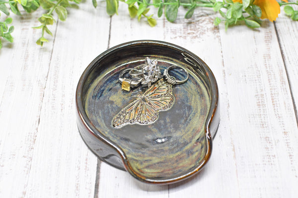 Monarch Butterfly Ceramic Spoon Rest, Handmade Stoneware Pottery, Kitchen Stove Top Dining, Soap Dish, Wine Bottle Drip in Black and Gray