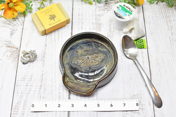 Monarch Butterfly Ceramic Spoon Rest, Handmade Stoneware Pottery, Kitchen Stove Top Dining, Soap Dish, Wine Bottle Drip in Black and Gray