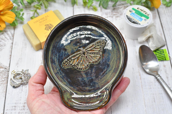 Monarch Butterfly Ceramic Spoon Rest, Handmade Stoneware Pottery, Kitchen Stove Top Dining, Soap Dish, Wine Bottle Drip in Black and Gray