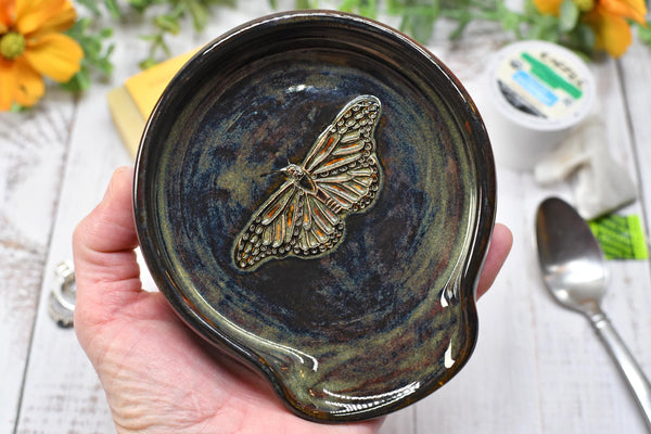 Monarch Butterfly Ceramic Spoon Rest, Handmade Stoneware Pottery, Kitchen Stove Top Dining, Soap Dish, Wine Bottle Drip in Black and Gray