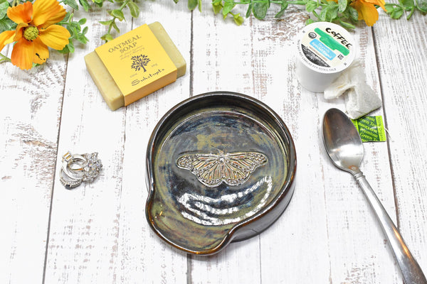 Monarch Butterfly Ceramic Spoon Rest, Handmade Stoneware Pottery, Kitchen Stove Top Dining, Soap Dish, Wine Bottle Drip in Black and Gray