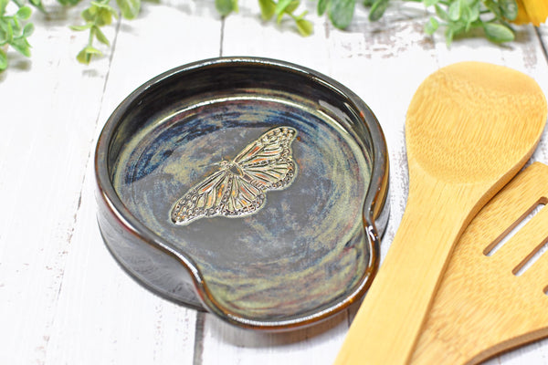 Monarch Butterfly Ceramic Spoon Rest, Handmade Stoneware Pottery, Kitchen Stove Top Dining, Soap Dish, Wine Bottle Drip in Black and Gray