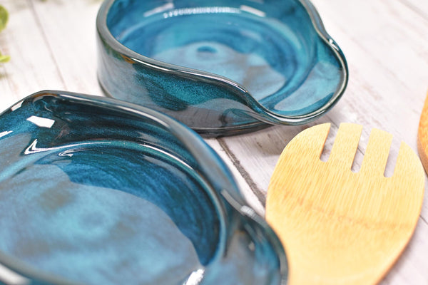 Blue Teal Ceramic Spoon Rest, Turquoise Handmade Small, Medium, Large Pottery for Stovetop, Table Counter - Housewarming Christmas Gift