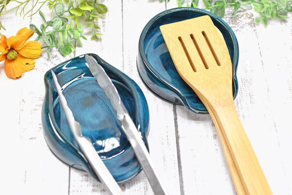 Blue Teal Ceramic Spoon Rest, Turquoise Handmade Small, Medium, Large Pottery for Stovetop, Table Counter - Housewarming Christmas Gift