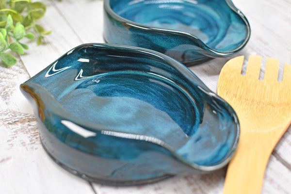 Blue Teal Ceramic Spoon Rest, Turquoise Handmade Small, Medium, Large Pottery for Stovetop, Table Counter - Housewarming Christmas Gift