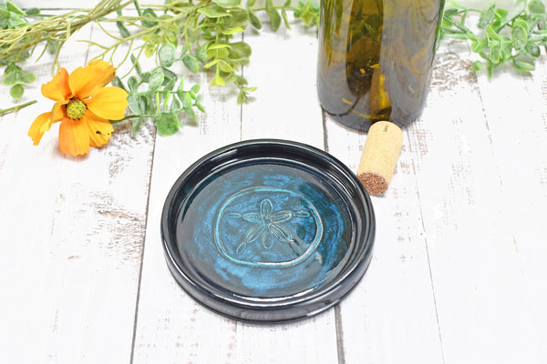 Seashell Ceramic Spoon Rest, Blue Black Beach Decor Handmade Stoneware Pottery for Stovetop, Table, or Counter with Sand Dollar