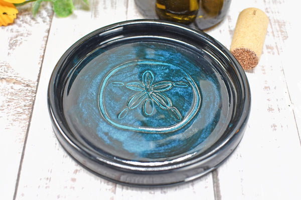 Seashell Ceramic Spoon Rest, Blue Black Beach Decor Handmade Stoneware Pottery for Stovetop, Table, or Counter with Sand Dollar