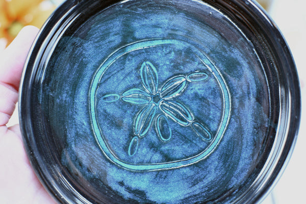 Seashell Ceramic Spoon Rest, Blue Black Beach Decor Handmade Stoneware Pottery for Stovetop, Table, or Counter with Sand Dollar