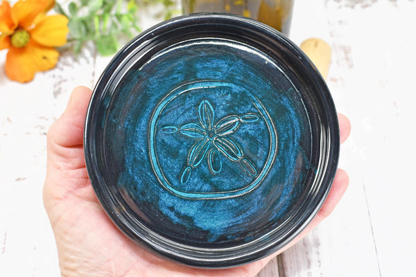 Seashell Ceramic Spoon Rest, Blue Black Beach Decor Handmade Stoneware Pottery for Stovetop, Table, or Counter with Sand Dollar