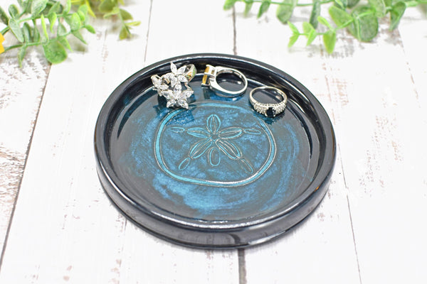 Seashell Ceramic Spoon Rest, Blue Black Beach Decor Handmade Stoneware Pottery for Stovetop, Table, or Counter with Sand Dollar