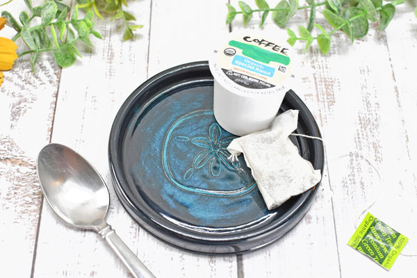 Seashell Ceramic Spoon Rest, Blue Black Beach Decor Handmade Stoneware Pottery for Stovetop, Table, or Counter with Sand Dollar