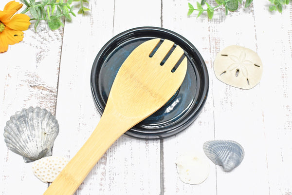 Seashell Ceramic Spoon Rest, Blue Black Beach Decor Handmade Stoneware Pottery for Stovetop, Table, or Counter with Sand Dollar