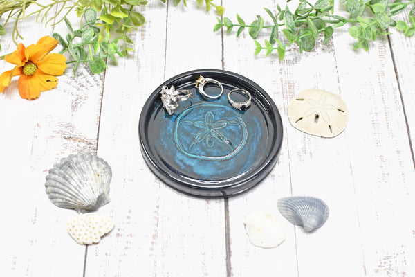 Seashell Ceramic Spoon Rest, Blue Black Beach Decor Handmade Stoneware Pottery for Stovetop, Table, or Counter with Sand Dollar