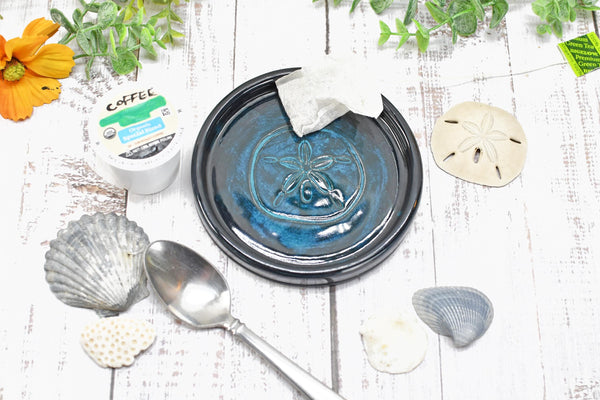 Seashell Ceramic Spoon Rest, Blue Black Beach Decor Handmade Stoneware Pottery for Stovetop, Table, or Counter with Sand Dollar
