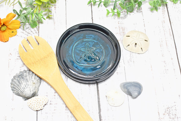 Seashell Ceramic Spoon Rest, Blue Black Beach Decor Handmade Stoneware Pottery for Stovetop, Table, or Counter with Sand Dollar